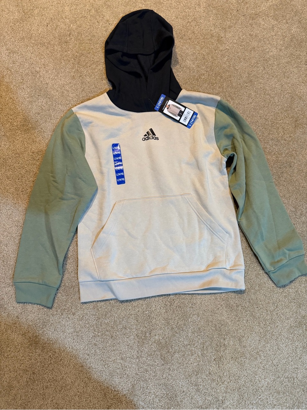 adidas Big Boys Light Cream Pullover Hoodie with Black Logo Large 14/16